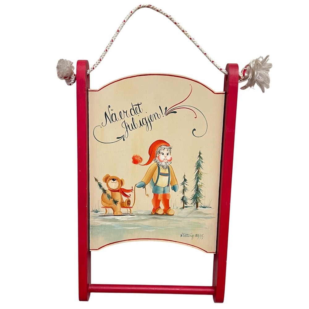 Vtg Scandinavian elf Sled Sleigh Toboggan/Hanging Shelf Holiday Decoration‎